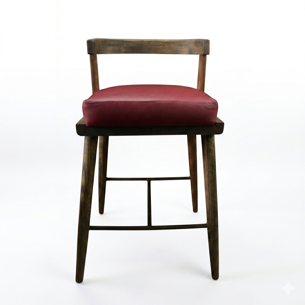 BANCO ALTO MERIDA - asiento piel genuina elite red, estructura de madera de encino tono nogal