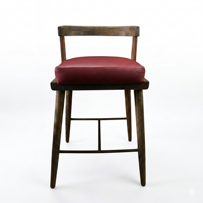 BANCO ALTO MERIDA - asiento piel genuina elite red, estructura de madera de encino tono nogal