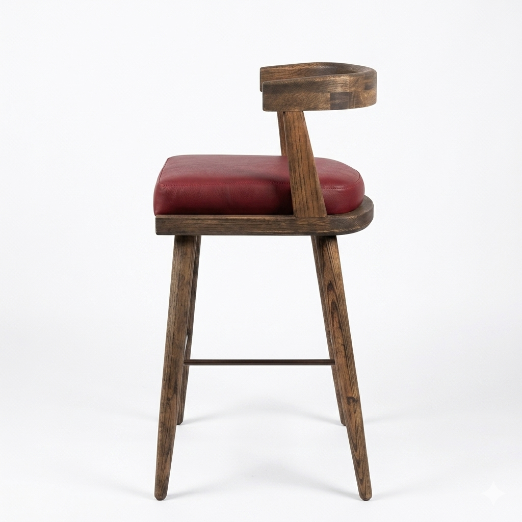 BANCO ALTO MERIDA - asiento piel genuina elite red, estructura de madera de encino tono nogal