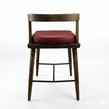 BANCO ALTO MERIDA - asiento piel genuina elite red, estructura de madera de encino tono nogal