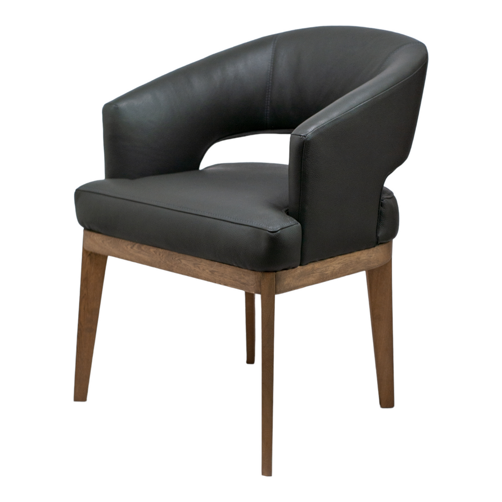 SILLA VICTORIA - respaldo y asiento en piel genuina color negra, con base de madera de encino