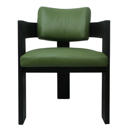 SILLA CAPRI - respaldo y asiento en piel genuina color verde, base de madera de encino